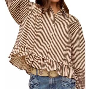 NEW LOVLOV striped raglan puff sleeve shirt in cream/burgundy